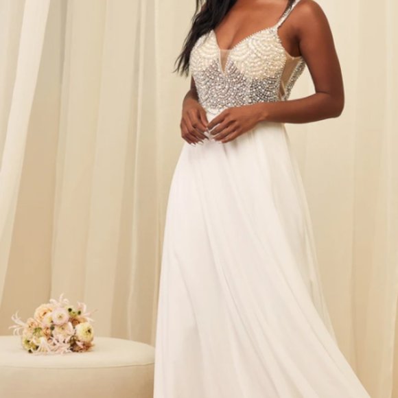 lulus true love white beaded rhinestone maxi dress White Graduation Dress for Teens,Chiffon Long Homecoming Dress,HC00207, US6 / White main image 1